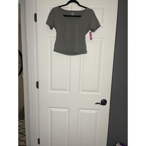 Pumiey Short Sleeve Scoop Neck Stretchy Crop Top T Shirt Xl Gray Nwt